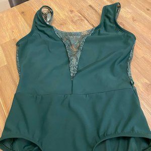Luckyleo Dart leotard, emerald with emerald English lace, size L / large
